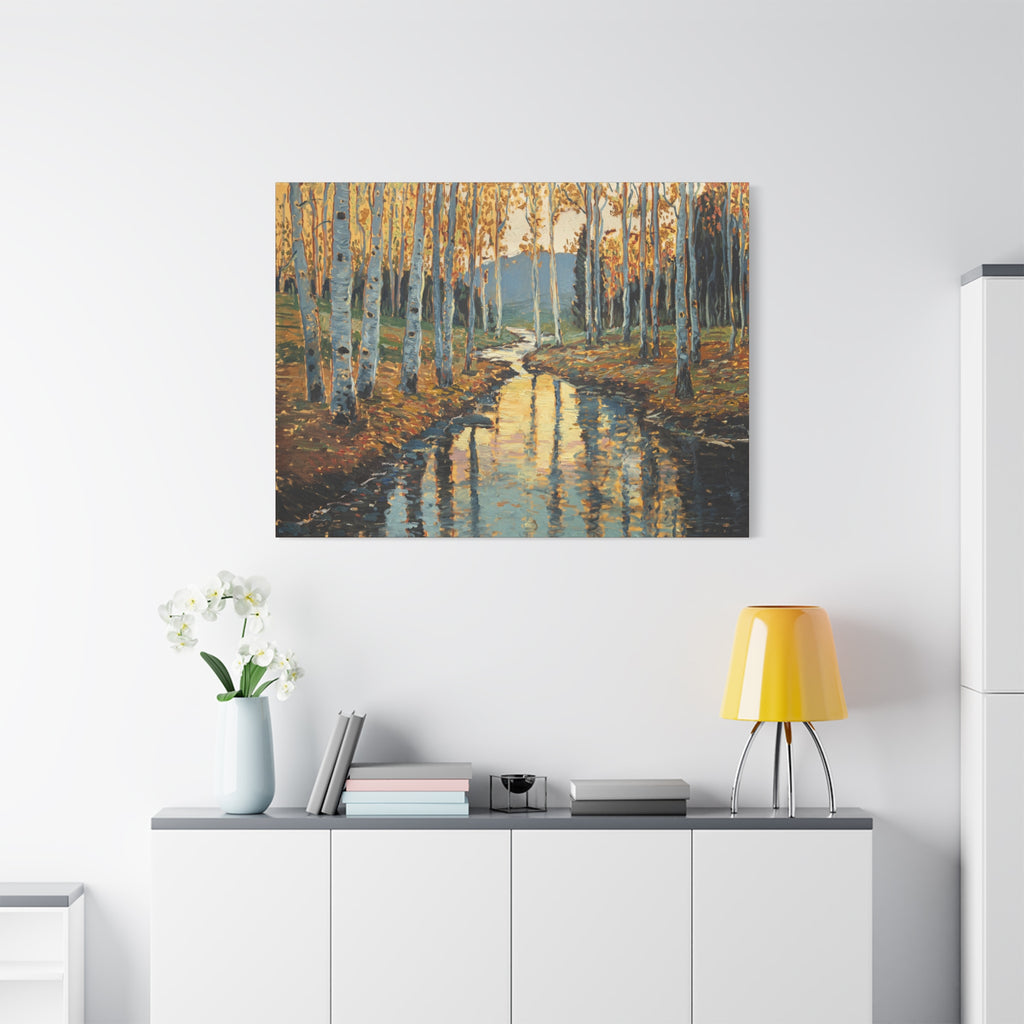 Autumn Birch Stream Matte Stretched Canvas — 1.25" Landscape Wall Art