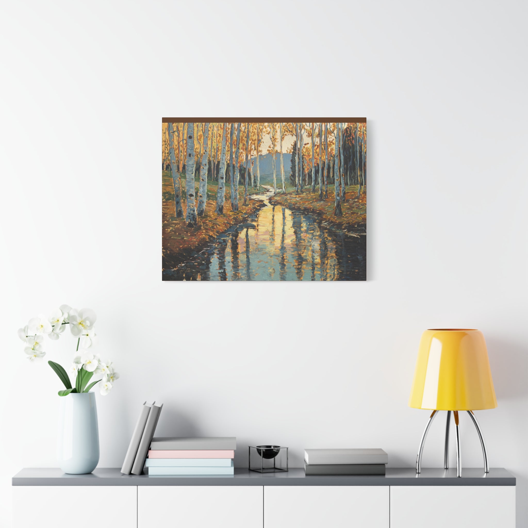 Autumn Birch Stream Matte Stretched Canvas — 1.25" Landscape Wall Art