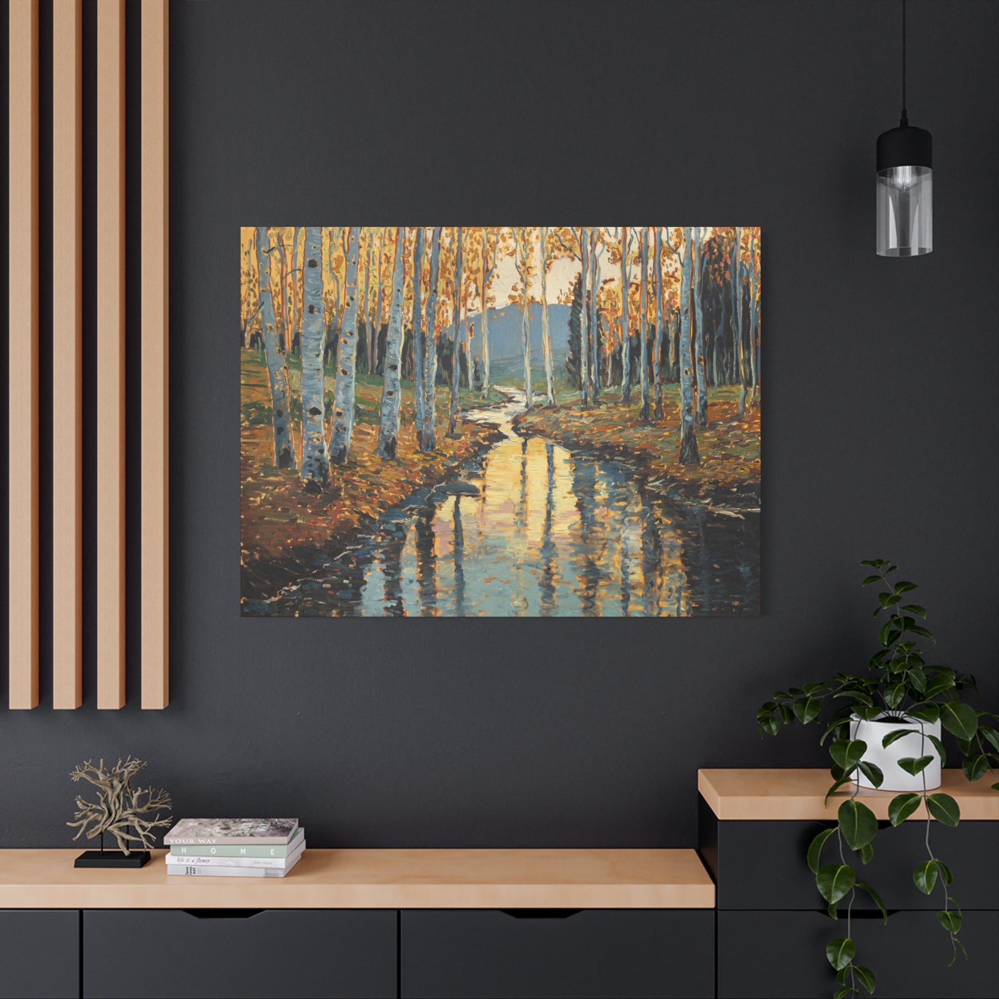 Autumn Birch Stream Matte Stretched Canvas — 1.25" Landscape Wall Art