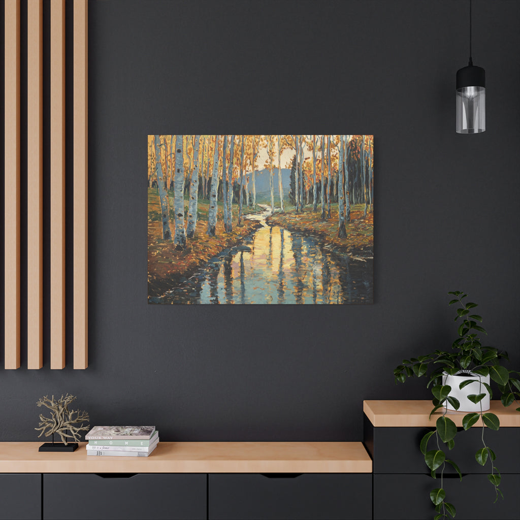 Autumn Birch Stream Matte Stretched Canvas — 1.25" Landscape Wall Art