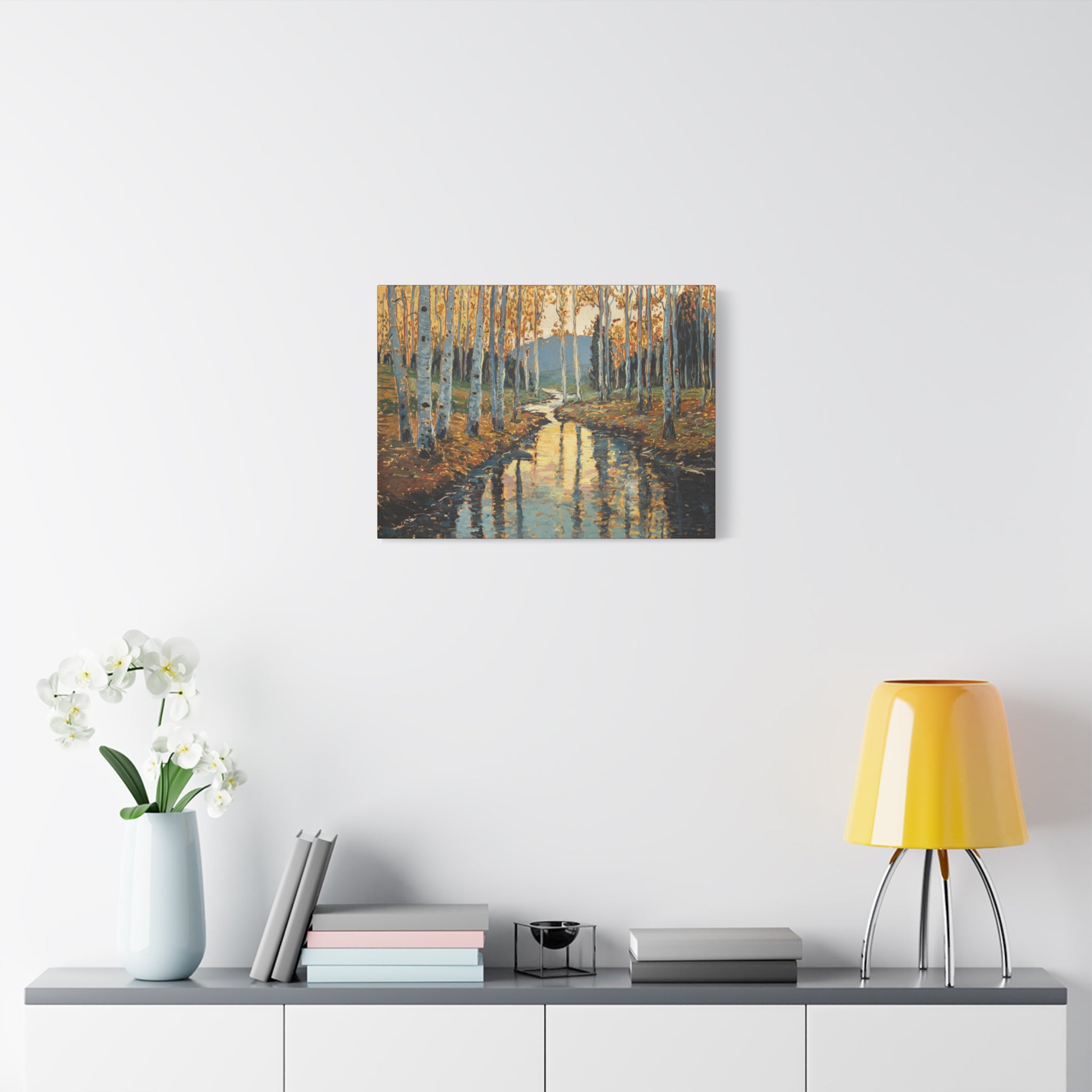 Autumn Birch Stream Matte Stretched Canvas — 1.25" Landscape Wall Art
