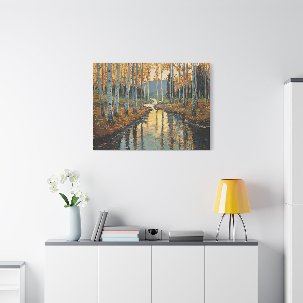 Autumn Birch Stream Matte Stretched Canvas — 1.25" Landscape Wall Art